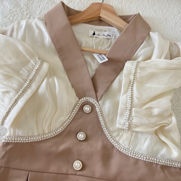 Women Doll Collar Breaded A-Line Elegant Two-Tone Pearl Trim Maxi Dress – Size M - Picture 9 of 13